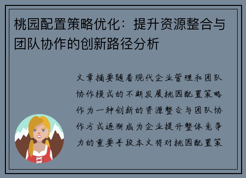 桃园配置策略优化：提升资源整合与团队协作的创新路径分析