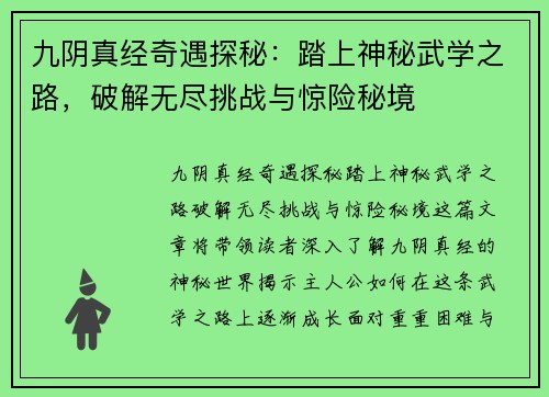 九阴真经奇遇探秘：踏上神秘武学之路，破解无尽挑战与惊险秘境