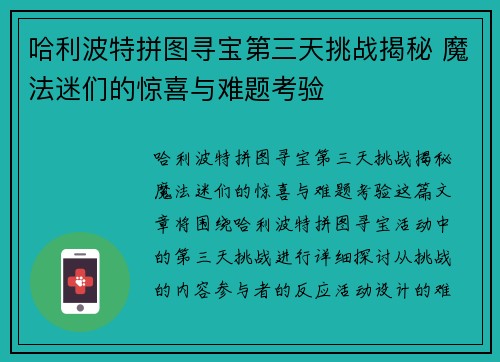 哈利波特拼图寻宝第三天挑战揭秘 魔法迷们的惊喜与难题考验