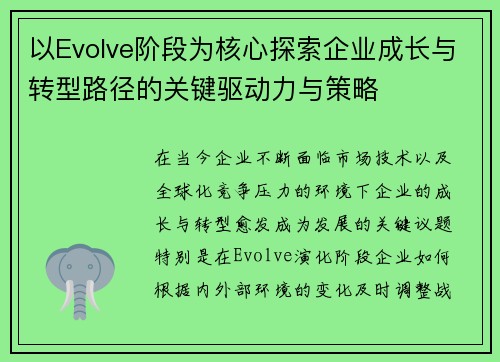 以Evolve阶段为核心探索企业成长与转型路径的关键驱动力与策略